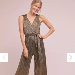 Vanessa Virginia by Anthropologie Metallic Gold Pont Neuf Jumpsuit XS